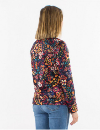Veste courte chaude intérieur fausse fourrure à imprimé floral noir bohème