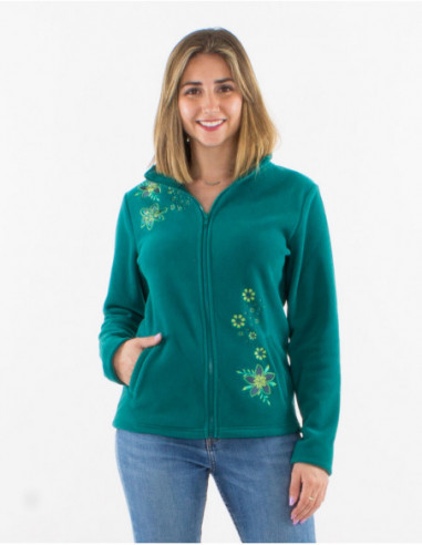 Women's basic straight-cut fleece jacket with plain emerald green floral embroidery