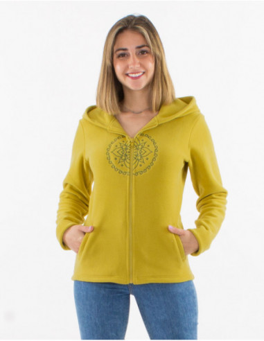 Women's embroidered fleece jacket with basic plain anise green hood