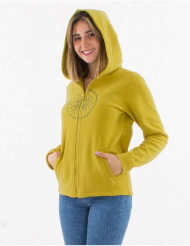 Plain women's hooded fleece jacket with ethnic motif on chest in aniseed green