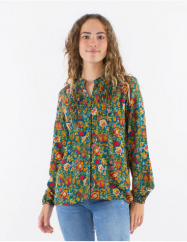 Women's autumnal blouse with emerald green flower and leaf print