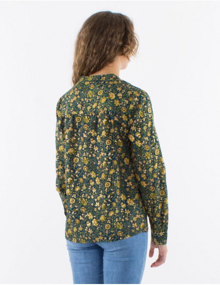 Emerald green floral hippie print flowing women's shirt with gold accents
