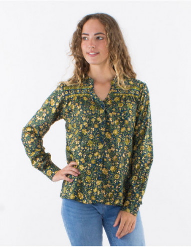 Women's fall blouse, flowing, emerald green gold flower motif