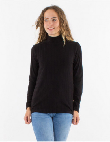 Basic soft stretch sweater with plain black stand-up collar