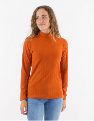Basic soft stretch sweater with stand-up collar, plain rust