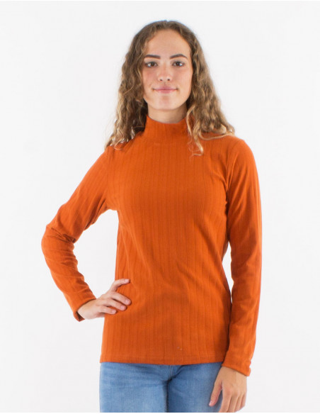 Women's winter stand-up collar sweater, plain basic, rust-colored