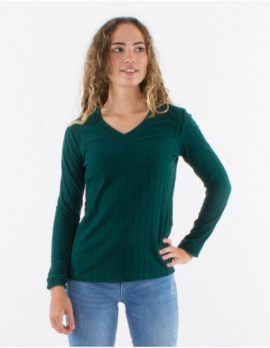 Basic soft stretch emerald green V-neck sweater