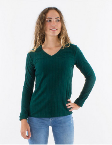 Pull basique doux stretch à col V uni vert émeraude