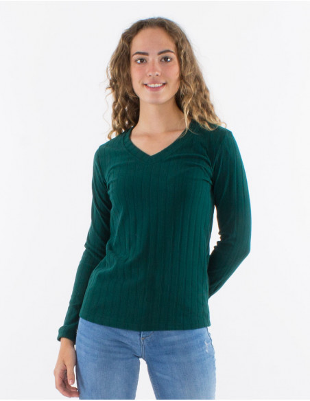 Pull col V sexy femme pour l'hiver uni basique vert émeraude