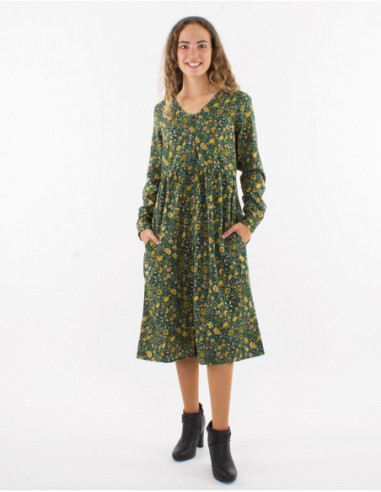 Robe midi à boutons romantique motif petites fleurs dorées pour l'automne vert émeraude