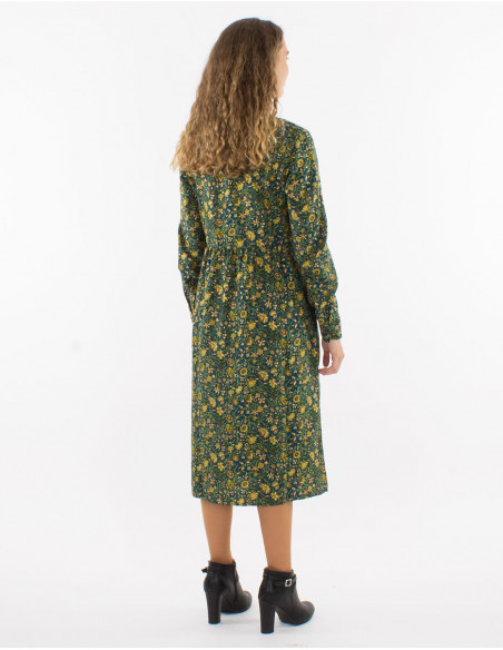 Hippie chic mid-length dress for autumn with small emerald-green golden flowers motif