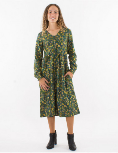 Original long calf-length dress for winter in emerald green gold floral print