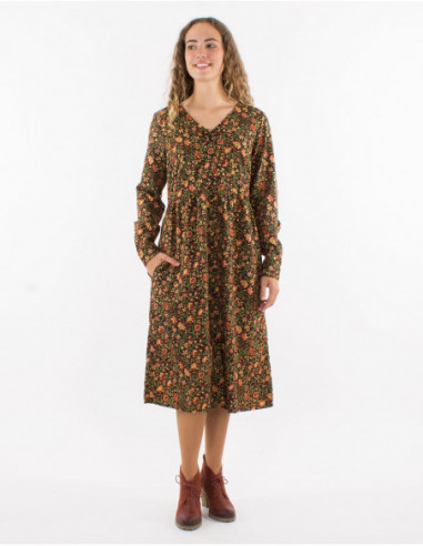 Romantic button midi dress with small gold flowers for autumn black