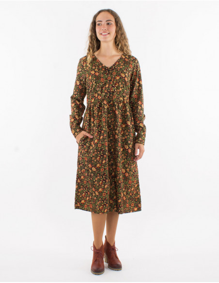 Robe midi à boutons romantique motif petites fleurs dorées pour l'automne noir