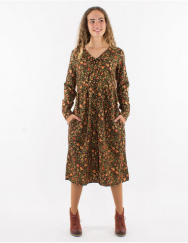 Robe longue mollet originale pour l'hiver à imprimé fleuri doré noir