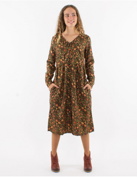 Original long calf-length dress for winter in black gold floral print