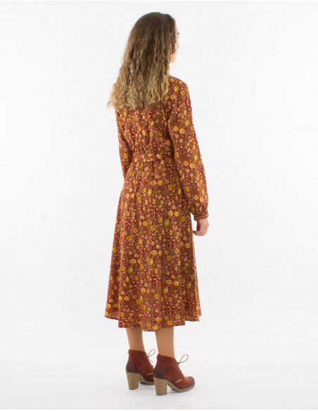 Original calf-length dress for autumn in chic gold burgundy floral print