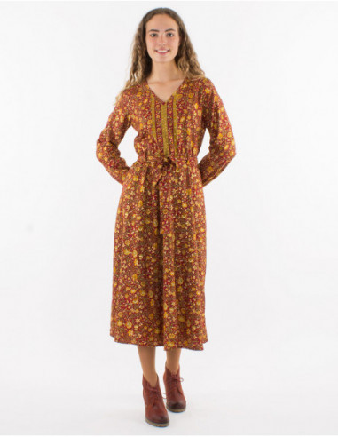 Autumnal women's midi dress with chic little flower print in gold and red
