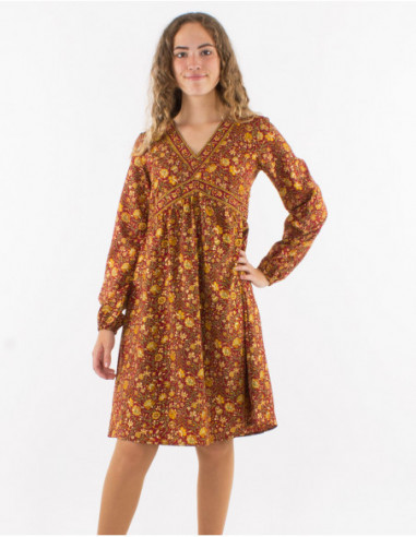 Robe courte évasée originale à petites fleurs dorées automnale rouge bordeaux