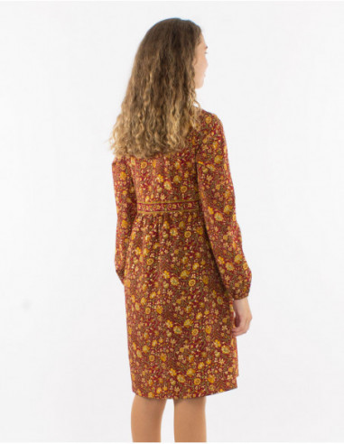 Robe mi longue fluide hiver 2023 fleuri doré rouge bordeaux