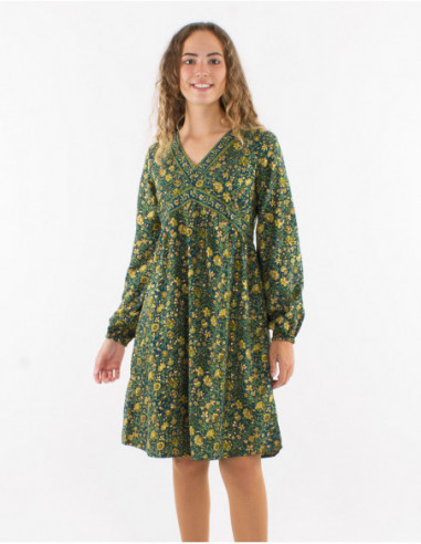 Robe courte évasée originale à petites fleurs dorées automnale noir
vert émeraude