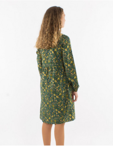 Robe mi longue fluide hiver 2023 fleuri doré vert émeraude