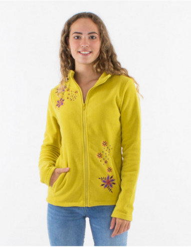 Women's basic straight-cut fleece jacket with plain anise-green floral embroidery
