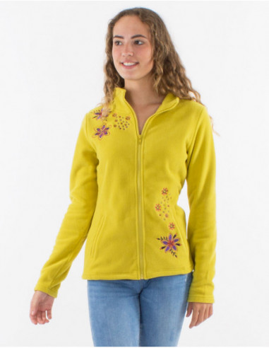 Veste polaire femme pour l'automne unie basique à broderies florales vert anis