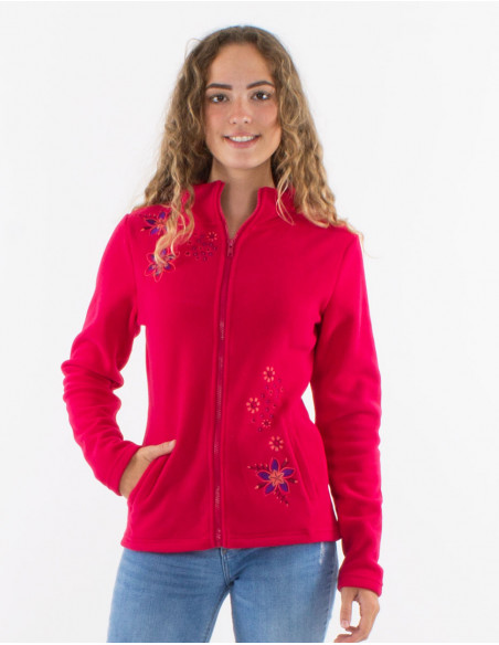 Women's basic straight-cut fleece jacket with plain pink fuchsia floral embroidery