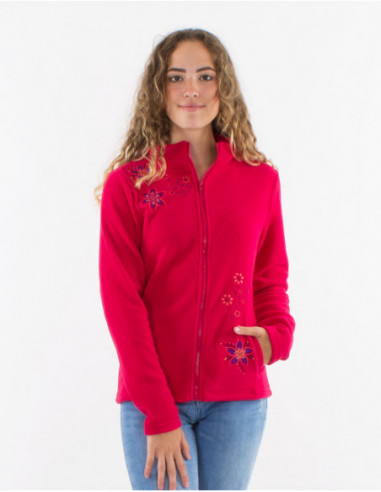 Veste polaire femme pour l'automne unie basique à broderies florales rose fuchsia