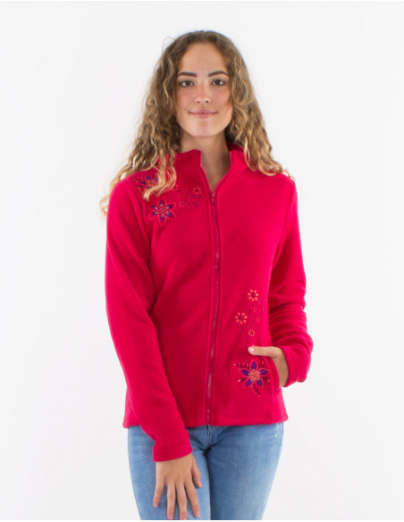 Veste polaire femme pour l'automne unie basique à broderies florales rose fuchsia