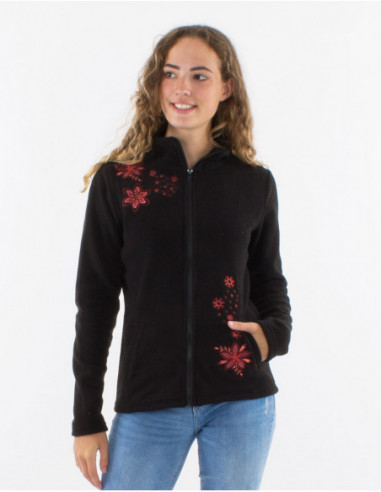 Women's basic straight-cut fleece jacket with plain black floral embroidery