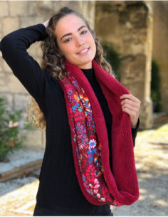 Tube scarf with original floral pattern furred hood