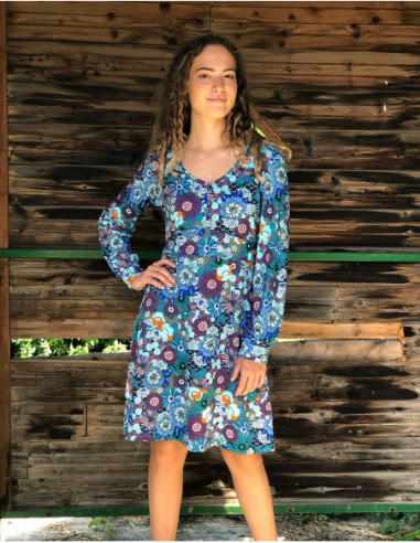 Robe courte stretch pour l'hiver originale fleurs rétro colorées