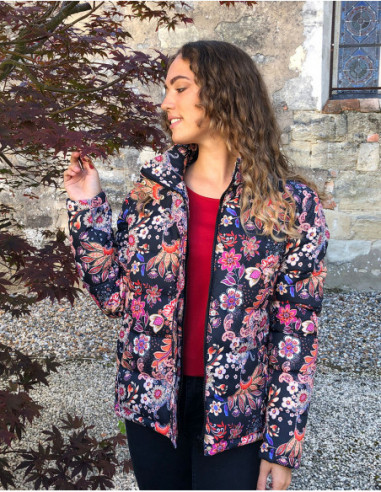 Warm women's winter jacket with floral motif