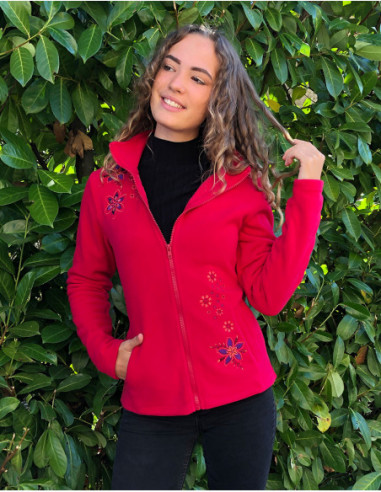 Women's basic straight-cut fleece jacket with plain floral embroidery