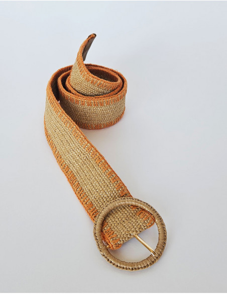 Two-tone plaited belt with raffia buckle