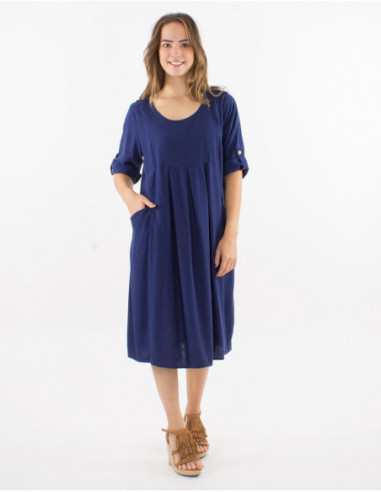 Robe basique courtes à manches courtes bleu marine avec lin et col rond