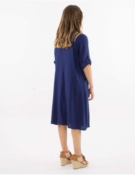 Robe courte femme avec fronces à l'avant et manches 3/4 couleur unie bleu marine