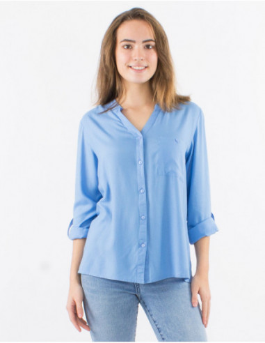 Chemise boutonnée pour femme manches 3/4 réglables couleur unie violet mauve