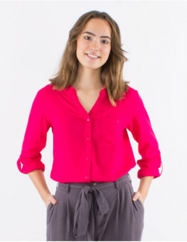 Chemise boutonnée pour femme manches 3/4 réglables couleur unie violet mauve