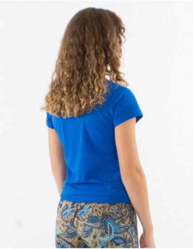 T shirt basique à manches courtes en coton col V bleu électrique pour femme