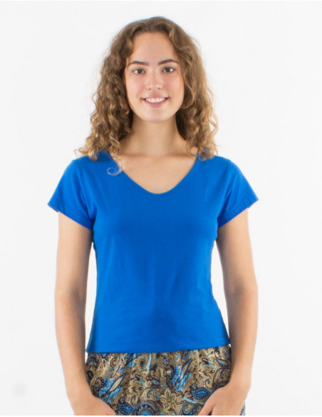 Tee shirt femme manches courtes simple en coton couleur bleu