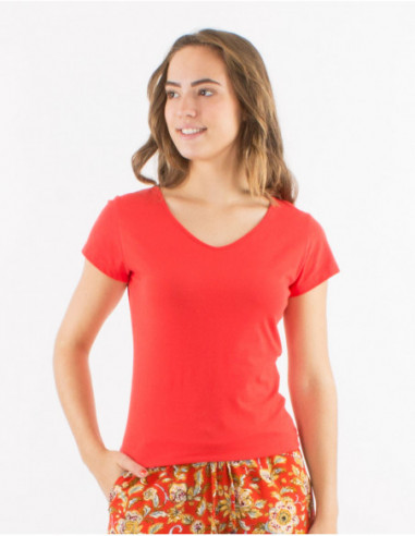 T shirt basique à manches courtes en coton col V rouge pour femme