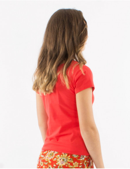 Tee shirt femme manches courtes simple en coton couleur rouge