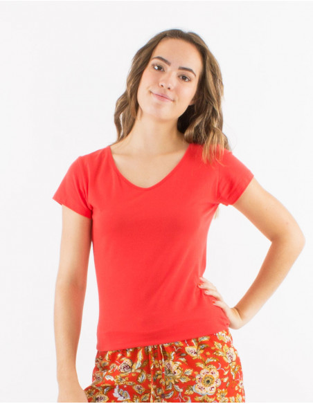 T-shirt à manches courtes basique femme uni rouge