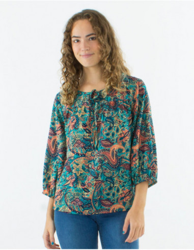 3/4-sleeve blouse gold cashmere print