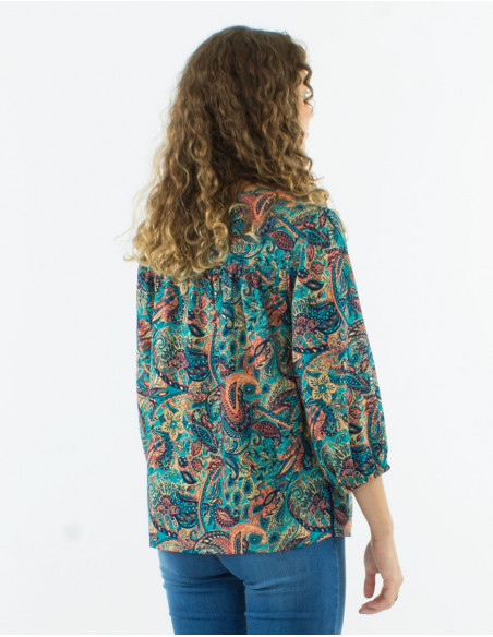 3/4-sleeve blouse gold cashmere print