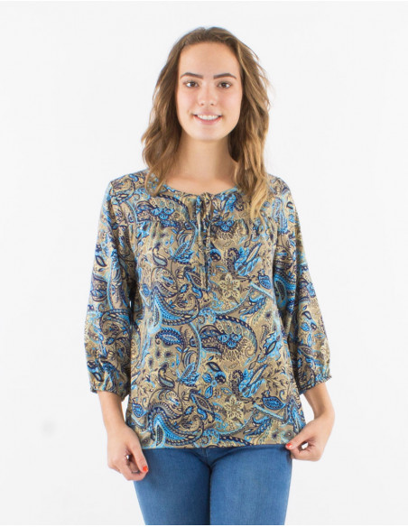 3/4-sleeve blouse gold cashmere print
