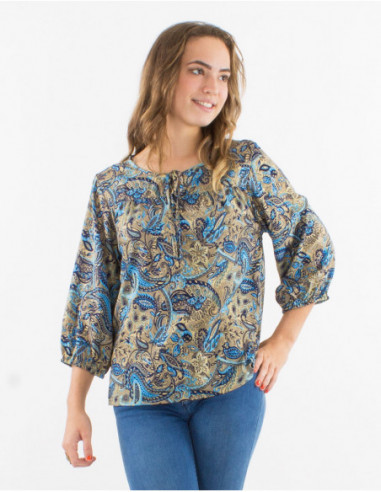 3/4-sleeve blouse gold cashmere print